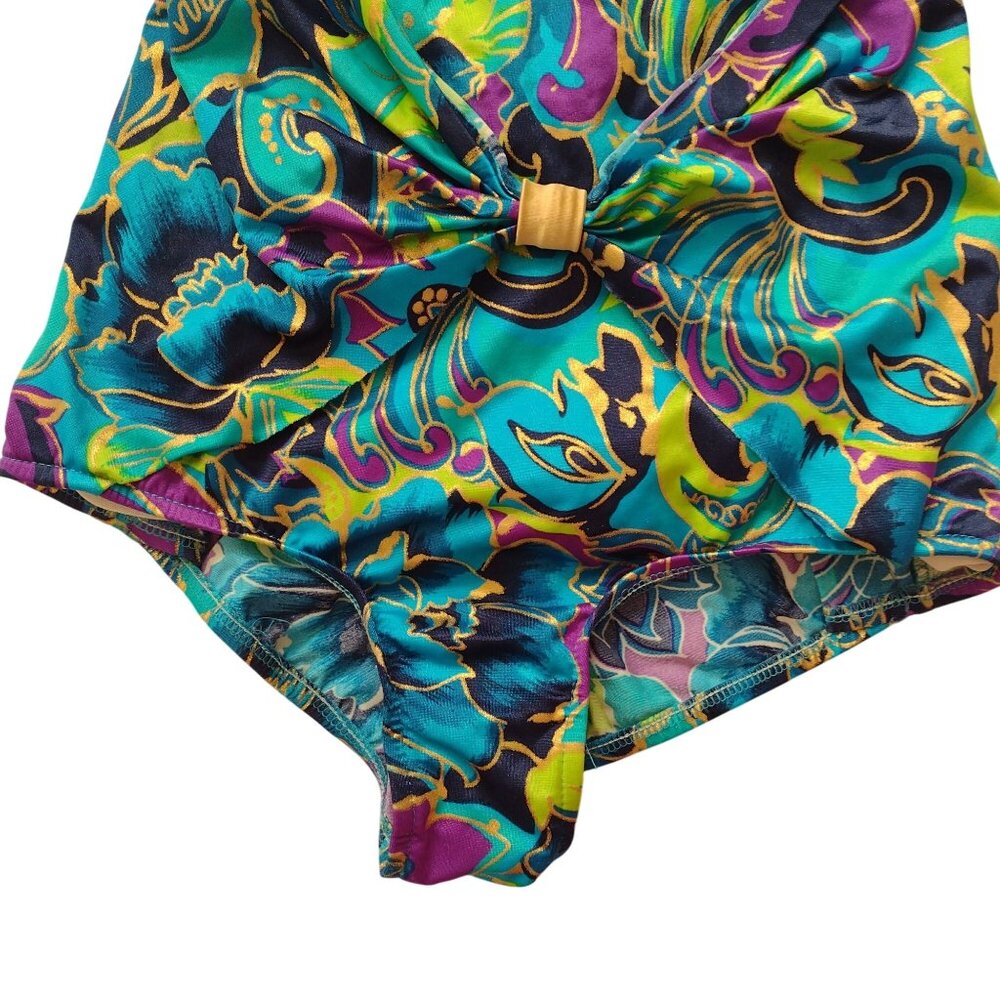 Vintage 980s 90s Jantzen Swimsuit M L Bright Jewel Tone Metallic One Piece 16 - Picture 5 of 9